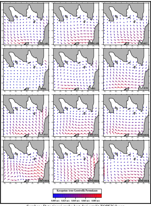 Gambar 12.  Distribusi horizontal arus geostrofik permukaan rata-rata bulanan  