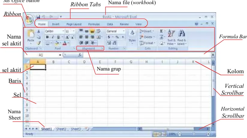 Gambar 1.2. Bagian-bagian worksheet Excel 2007 