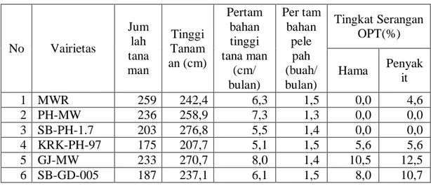 Tabel  1  .Rata  –  rata  tinggi,  pertambahan  tinggi  tanaman  dan  jumlah  pelepah  salak  perbulan  selama tahun  