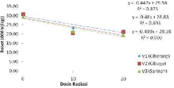 Gambar 19. Grafik Rataan Bobot 1000 butir (g) terhadap Perlakuan Radiasi