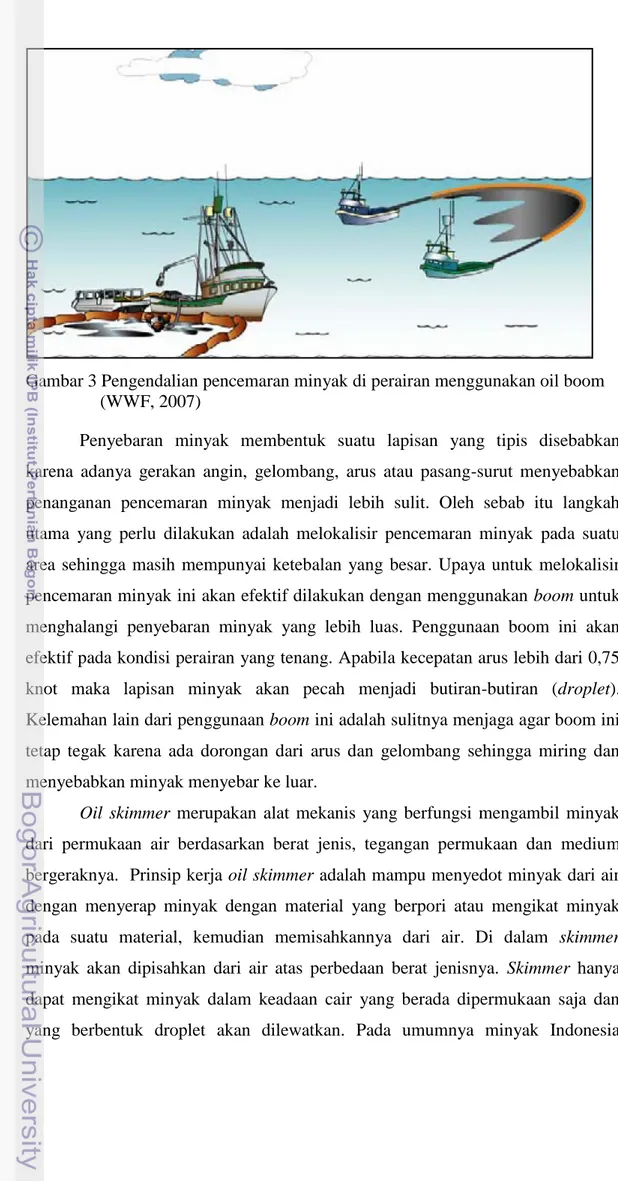 Gambar 3 Pengendalian pencemaran minyak di perairan menggunakan oil boom  (WWF, 2007) 