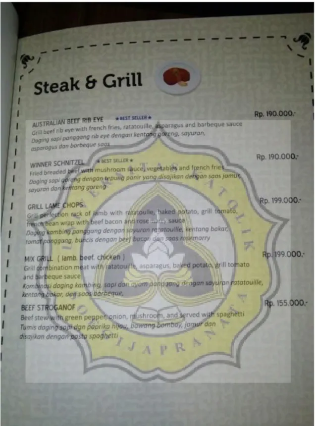 Gambar 1. Beberapa menu steak yang diawarkan pada GQ Hotel 
