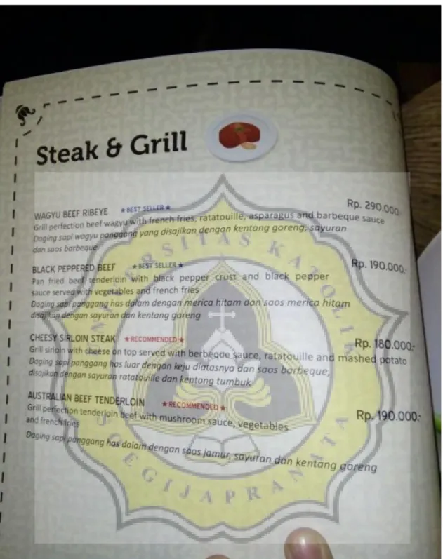 Gambar 2. Beberapa menu steak yang diawarkan pada GQ Hotel 
