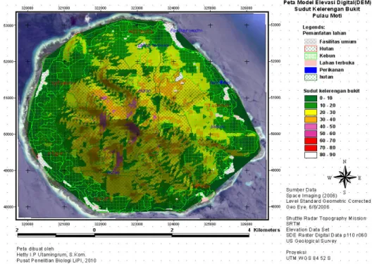 Gambar 7: Peta Model Elevasi Digital (DEM) Sudut Kelerengan Bukit Pulau Moti