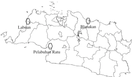 Gambar 1.  Sketsa lokasi pengambilan contoh ikan tembang (S. gibbosa) di Palabuhan Ratu, Blanakan, dan Labuan.