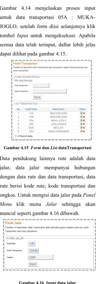 Gambar 4.14 menjelaskan proses input  untuk data transportasi 05A :  MUKA-JOGLO, setelah form diisi selanjutnya klik  tombol  Input untuk mengeksekusi