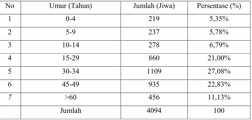Tabel 4.2. Distribusi Penduduk Menurut Kelompok Umur di Kelurahan Tigabinanga, Tahun 2006  