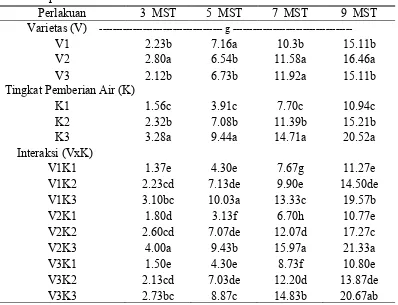 Tabel 5. Rataan bobot kering tajuk pada umur 9 MST pada beberapa varietas dantingkat pemberian air
