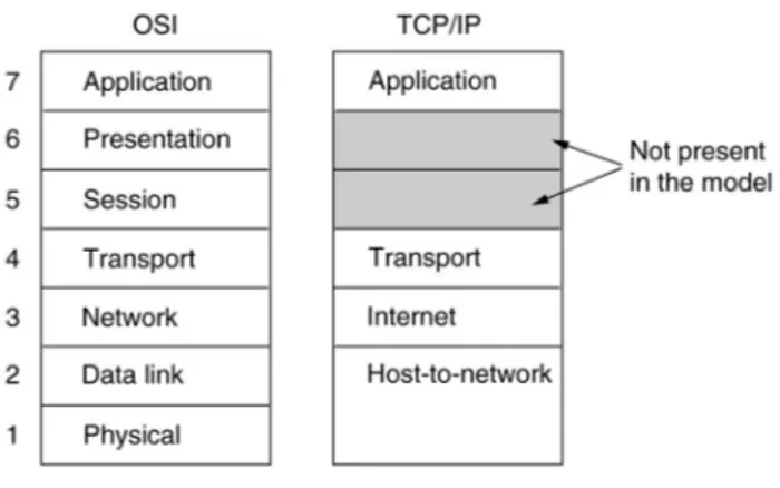 Gambar 2.4 OSI dan TCP/IP Model  (sumber : Tanenbaum, 2003:43) 