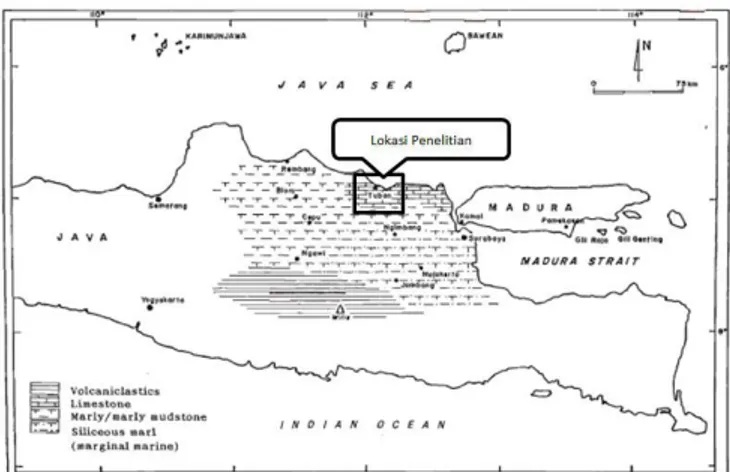 Gambar 1. Peta Lokasi Penelitian di Cekungan Jawa Timur (Susilohadi,1995)  Berdasarkan posisinya cekungan jawa timur utara berumur tersier secara tektonik berada  pada  cekungan  busur  belakang  (back  Arc  basin)  yang  terletak  ditepi  benua  sunda  ya