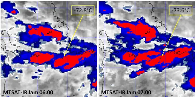 Gambar  3.  Hasil  citra  satelit  kanal  IR  1  dengan  lokasi  kontak  terahir  AirAsia  QZ8501  ditandai dengan “x”