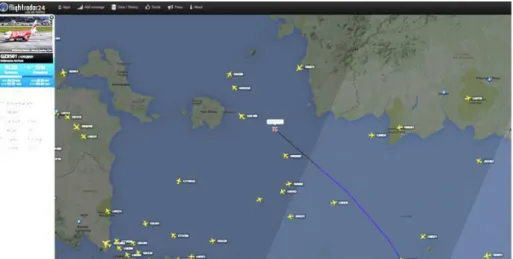 Gambar 10. Lokasi terakhir pesawat Air Asia QZ8501 yang direkam situs Flightradar24.  Indikasi lain bahwa petir menjadi penyebab semua ini adalah bukan  hanya pesawat AirAsia  QZ8501  saja  yang  berada  pada  wilayah  konvektif  penuh  awan-awan  Cumuloni