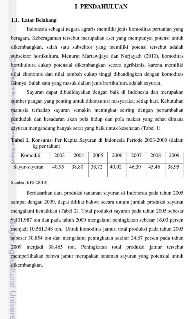 Tabel  1.  Konsumsi  Per  Kapita  Sayuran  di  Indonesia  Periode  2003-2009  (dalam  kg per tahun) 