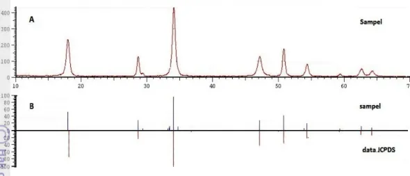 Gambar 2  Difraktogram hasil kalsinasi (1100 °C, 18 jam) dan hidrasi (A). Pola                       XRD sampel dicerminkan dengan Ca(OH) 2  (standar JCPDS No