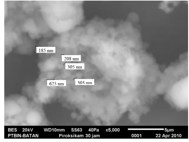 Gambar 4.1 Ukuran partikel piroksikam dilihat menggunakan SEM setelah penggilingan dengan HEM E3D selama 30 jam (perbesaran 5000x)