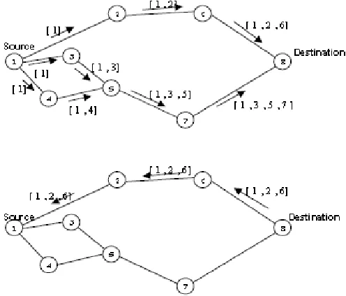 Figure 2. Discovery and maintenance of routes in DSR 