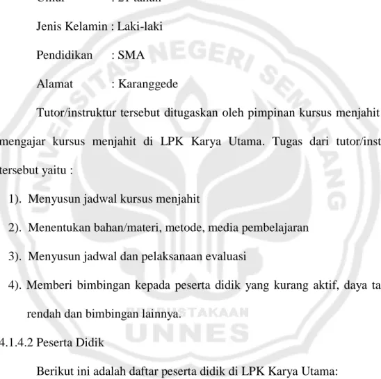 Tabel 1 :  Daftar Peserta Dididk Kursus Menjahit di LPK Karya Utama 