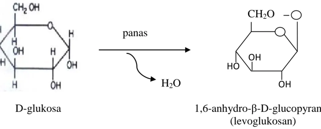 Gambar 3.  Reaksi perubahan D-glukosa menjadi levoglukosan (Fennema, 1985) 
