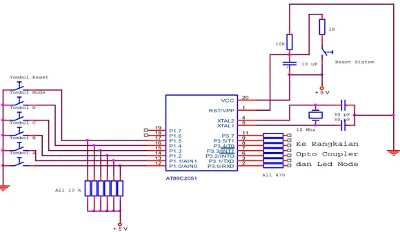 Gambar 4. Rangkaian sistem minimum mikrokontroler AT89C2051 untuk alat pengaturan  sakelar cepat tepat