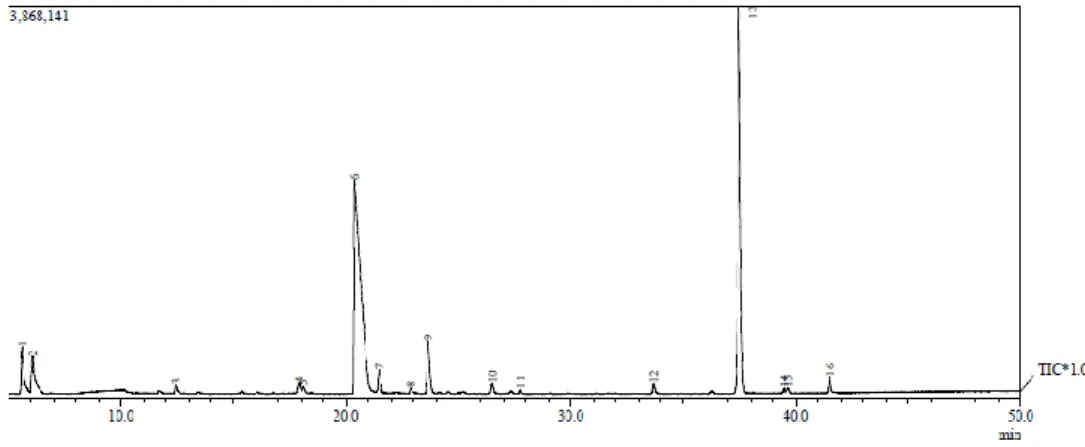 Gambar 1 Chromatografi Asap cair 600 o C  Tabel 1. Senyawa  Hasil analisa Asap Cair dengan GC-MS Asap cair 600 o C 