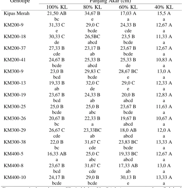 Tabel 2. Rata-rata panjang akar akibat interaksi kapasitas lapang dengan genotipe kedelai 