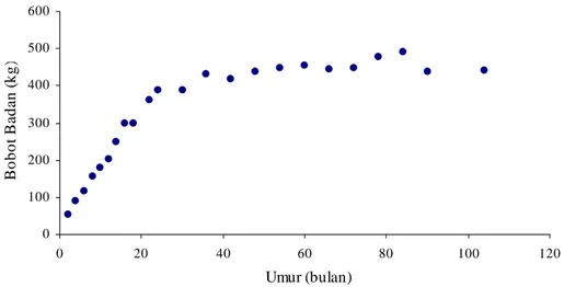 Gambar 5 dan 6 menunjukkan plot data rataan sapi FH di KPSBU Lembang  Bagian Timur, dapat dilihat bahwa pertumbuhannya meningkat cepat sampai sekitar  umur 20-25 bulan