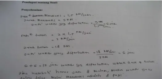 Gambar  2  menunjukkan  penyelesaian  soal  yang  dilakukan  M1,  M4,  dan  M5  dengan  pemahaman  yang  sama  yaitu  konsep  yang  digunakan  tepat,  tetapi  terdapat  kesalahan  dalam  memahami jarak turun terhadap permasalahan pada soal