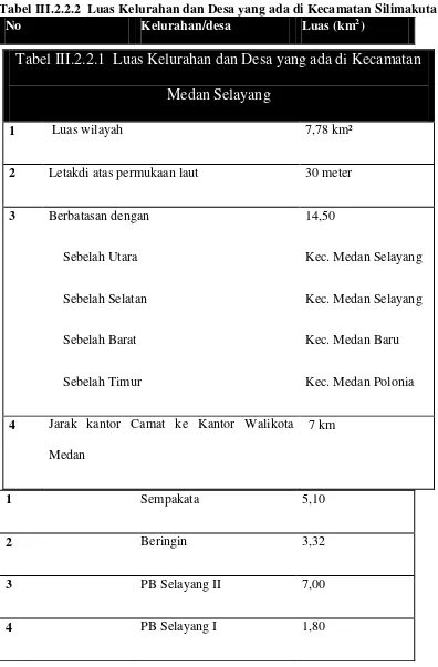Tabel III.2.2.2  Luas Kelurahan dan Desa yang ada di Kecamatan Silimakuta 