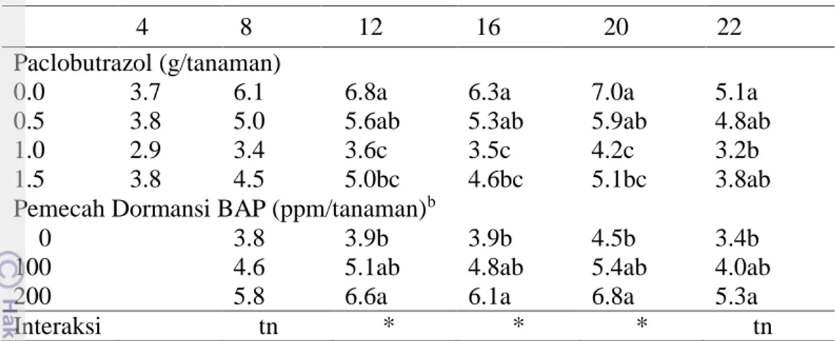 Tabel  5  Pengaruh  paclobutrazol  dan  BAP  terhadap  jumlah  tunas  pada  5  cabang  tersier tanaman jeruk a   