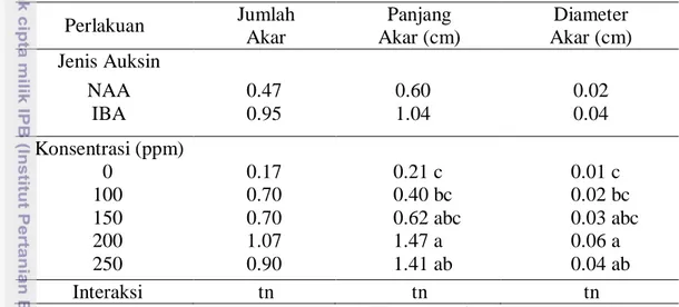 Tabel 4. Pengaruh Jenis Auksin dan Konsentrasi Auksin terhadap Pertumbuhan  Akar pada 10 MST  Perlakuan  Jumlah   Akar  Panjang   Akar (cm)  Diameter  Akar (cm)  Jenis Auksin  NAA  0.47  0.60  0.02  IBA  0.95  1.04  0.04  Konsentrasi (ppm)  0  0.17  0.21 c