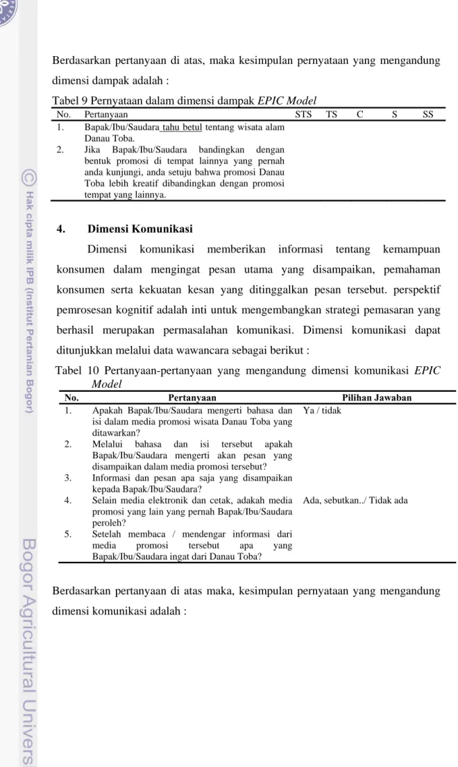 Tabel 9 Pernyataan dalam dimensi dampak EPIC Model 