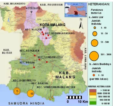 Gambar 1. Peta sebaran Pandanus tectorius Soland. ex Park. di Kabupaten dan Kota Malang 