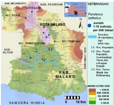 Gambar 5  Peta sebaran Pandanus latifolius Hassk di Kabupaten dan Kota Malang  