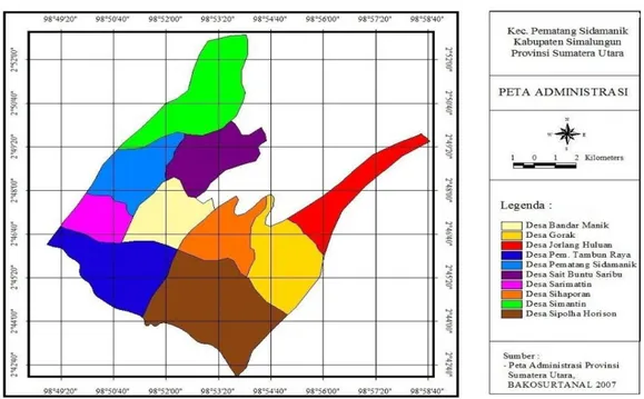 Gambar 2. Peta Administrasi Kecamatan Pematang Sidamanik (BPS, 2015)  Menurut  topografi,  Kecamatan  Pematang  Sidamanik  dapat  dibagi  dalam  dua bagian pada ketinggian di atas permukaan laut, yaitu 5 01-1000 m dan  1001-1500  m  masing-masing  dengan  