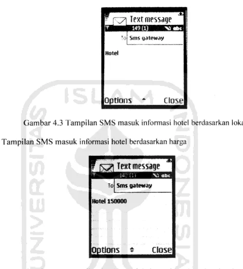 Gambar 4.3 Tampilan SMS masuk informasi hotel berdasarkan lokasi 2. Tampilan SMS masuk informasi hotel berdasarkan harga