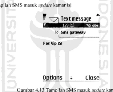 Gambar 4.13 Tampilan SMS masuk update kamar isi 12. Tampilan SMS masuk update kamar kosong