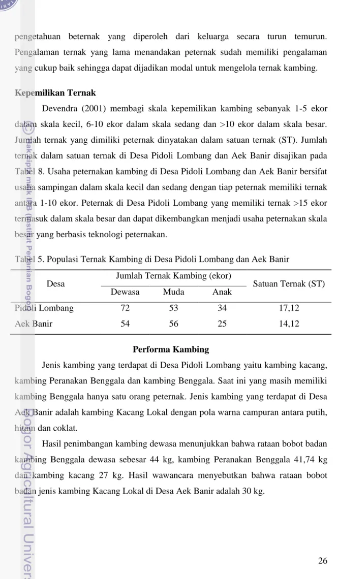 Tabel 5. Populasi Ternak Kambing di Desa Pidoli Lombang dan Aek Banir 