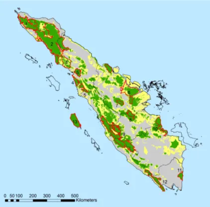 Gambar 2. Peta bentang alam prioritas TFCA-Sumatera (polygon merah).  