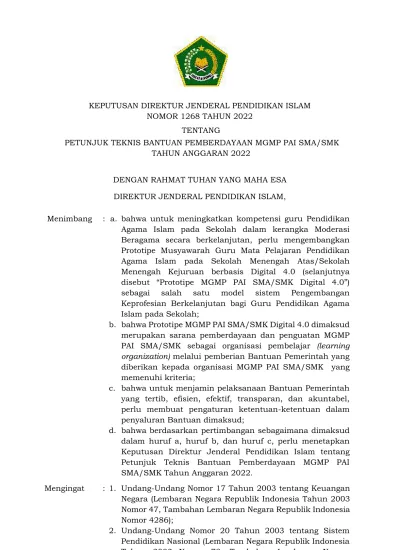 KEPUTUSAN DIREKTUR JENDERAL PENDIDIKAN ISLAM NOMOR 1268 TAHUN 2022 ...