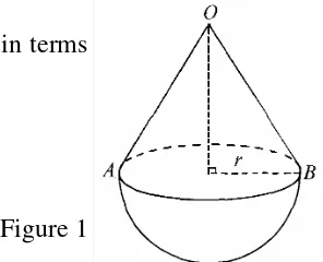 Figure 1 shows a cone and a hemisphere. OB = 12 cm, r = 10 cm. Express the surface area of the solid in terms π