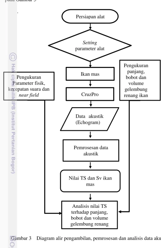 Gambar 3    Diagram alir pengambilan, pemrosesan dan analisis data akustik       Persiapan alat Setting parameter alat Ikan mas CruzPro Data  akustik (Echogram) Pemrosesan data akustik 