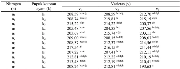 Tabel 1. Rata-rata interaksi n x k x v terhadap pertambahan tinggi tanaman kenaf  umur 75 HST  Nitrogen   (n)  Pupuk kotoran ayam (k)  Varietas (v)  v 1 v 2 v 3