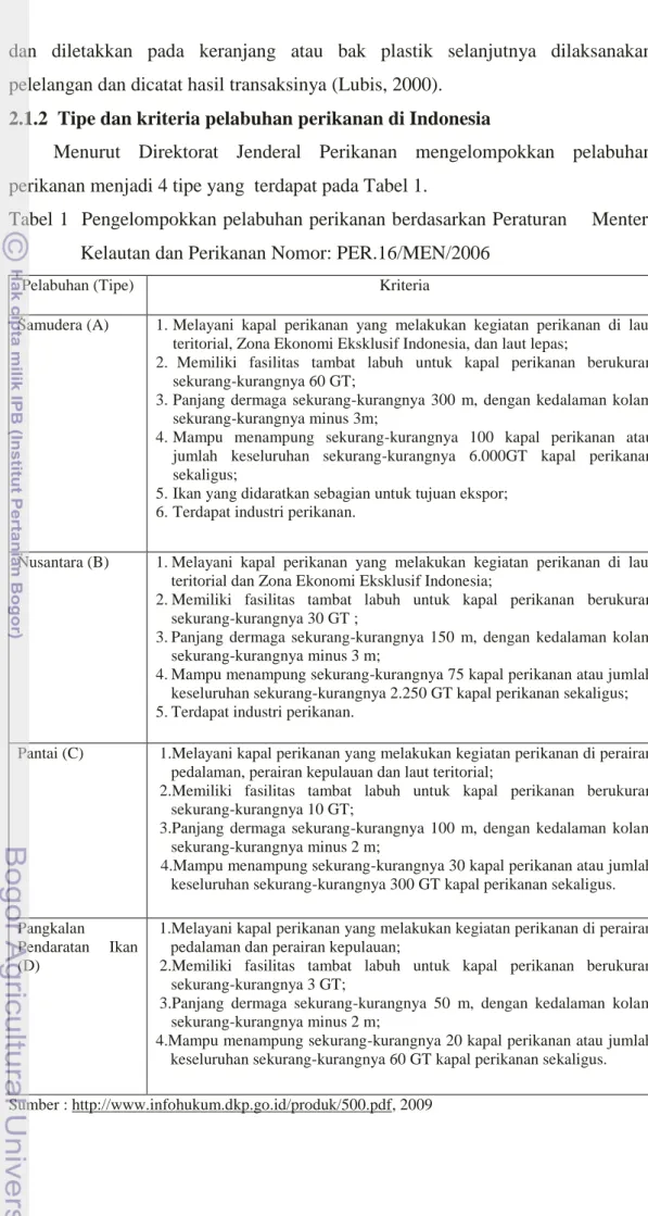 Tabel 1  Pengelompokkan pelabuhan perikanan berdasarkan Peraturan    Menteri  Kelautan dan Perikanan Nomor: PER.16/MEN/2006 