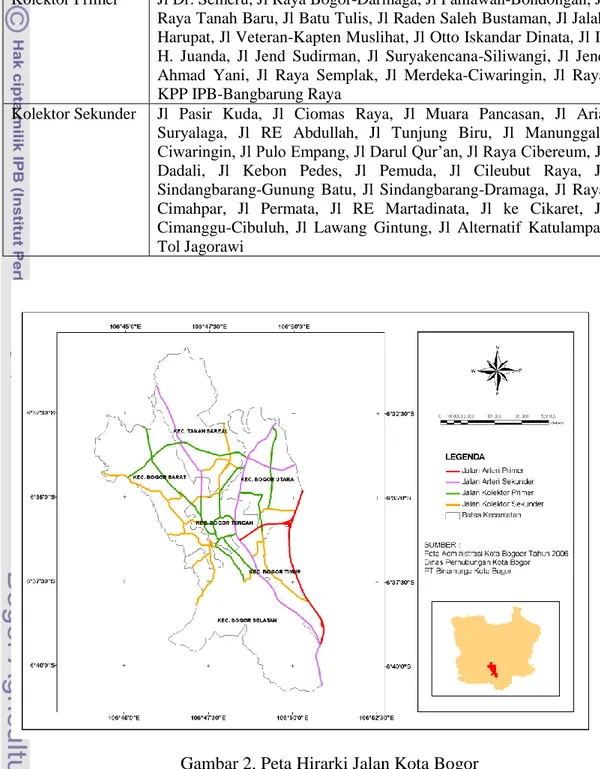 Tabel 8. Klasifikasi hirarki jalan utama berdasarkan Rencana Tata Ruang Wilayah  (RTRW) Kota Bogor (revisi)  