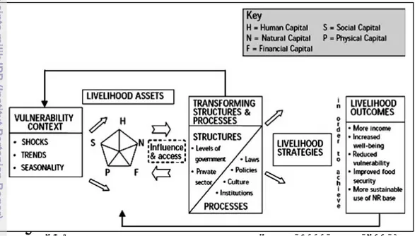 Gambar 2.3.  Sustainable Lifelihood Framework (DFID, 1999; Twig, 2007)  SLF  pada  Gambar  2.3  menunjukkan  bahwa  strategi  nafkah  rumah  tangga  dan perubahannya sangat dipengaruhi konteks kerentanan (perubahan lingkungan  bio-fisik  dan  sosial),  str