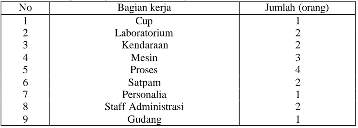 Tabel 3. Pembagian Kerja dan Jumlah Karyawan Pabrik MT KUD Mitrayasa. 