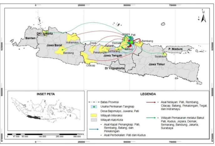 Gambar 5. Peta Interaksi Ruang Kegiatan Usaha Perikanan Tangkap Desa Bajomulyo   (Bakosurtanal; Olah Data, 2019) 