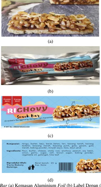 Gambar 2. Produk Snack Bar (a) Kemasan Aluminium Foil (b) Label Depan (c) dan Label belakang (d) 