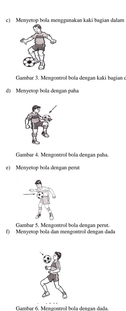 Gambar 3. Mengontrol bola dengan kaki bagian dalam.  d)  Menyetop bola dengan paha 