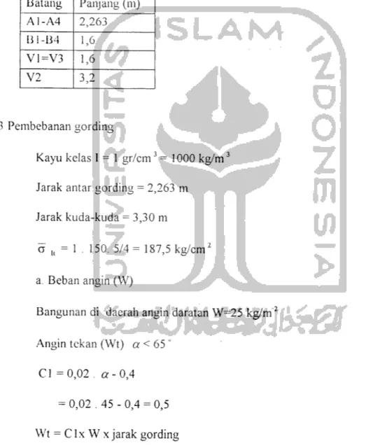 Tabel 3.1 Panjang Batang Kayu Batang Panjang (m) A1-A4 2,263 B1-B4 1,6 V1=V3 1,6 V2 3,2 3 Pembebanan gording Kayu kelas I = 1 gr/cm3 = 1000 kg/m3